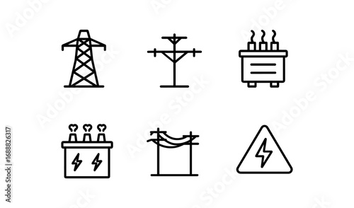 Energy icons set featuring power lines, towers, and electrical symbols in linear style