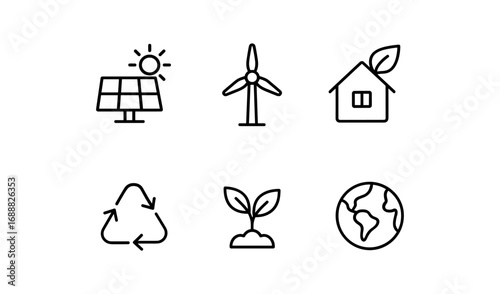 Minimalist set of eco-friendly icons featuring solar energy, wind power, and recycling symbols