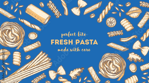 Traditional Italian pasta. Italian food. Hand drawn vector illustration. Background for packaging, menu. Top view. Not AI