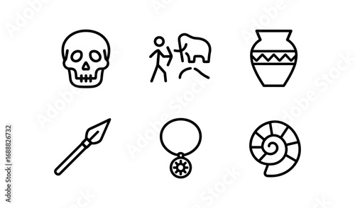 Ancient history icons: skull, cave art, pottery, spear, necklace, ammonite