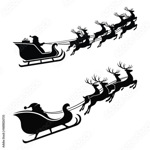 Black silhouette of Santa Claus in a sleigh pulled by reindeer flying across a white background vector