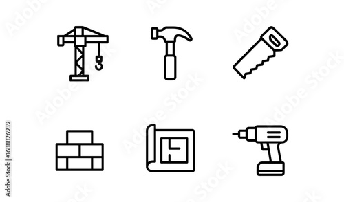 Construction and tools outline icons set for building and carpentry projects