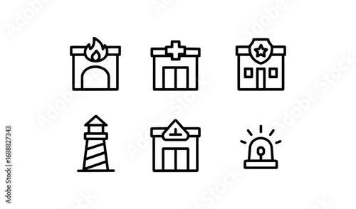 Minimalist emergency services icons: fire, medical, police, and more