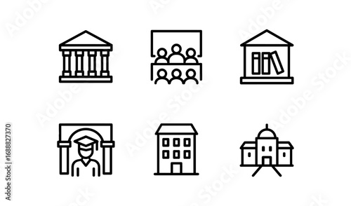 Linear education icons: universities, libraries, and classrooms