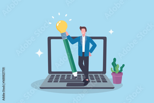 Businessman holding a giant pencil with a lightbulb on top emerging from a laptop screen