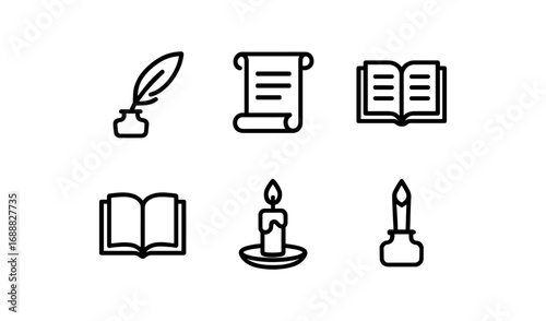 Minimalist line icons of writing tools: quill, scroll, candle, ink pot, open book