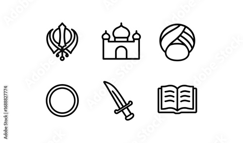 Sikhism symbols: linear icons of khanda, temple, turban, chakra, kirpan, book