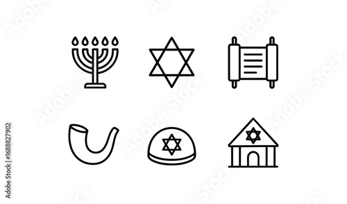 Minimalist jewish symbol set: menorah, star of david, torah, shofar, kippah, synagogue icons