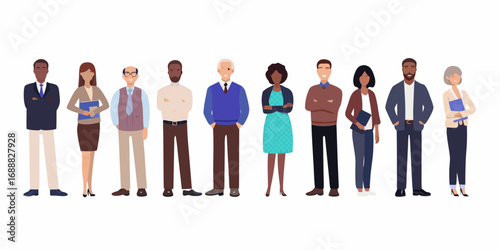 Diverse group of business professionals standing together in a line against a white background