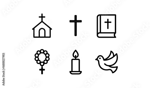 Minimalist religious icons: church, cross, bible, and symbols