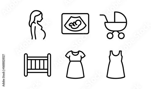 Pregnancy and baby essentials icons in simple line art style