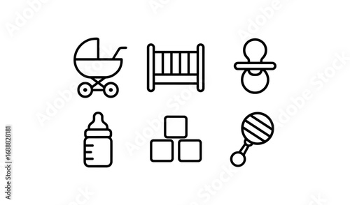 Baby essentials icons: stroller, crib, pacifier, bottle, blocks, rattle in line art style