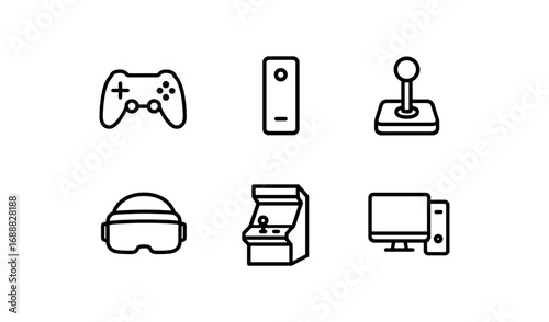 Minimalist icons of gaming devices: console, controller, vr, arcade, pc