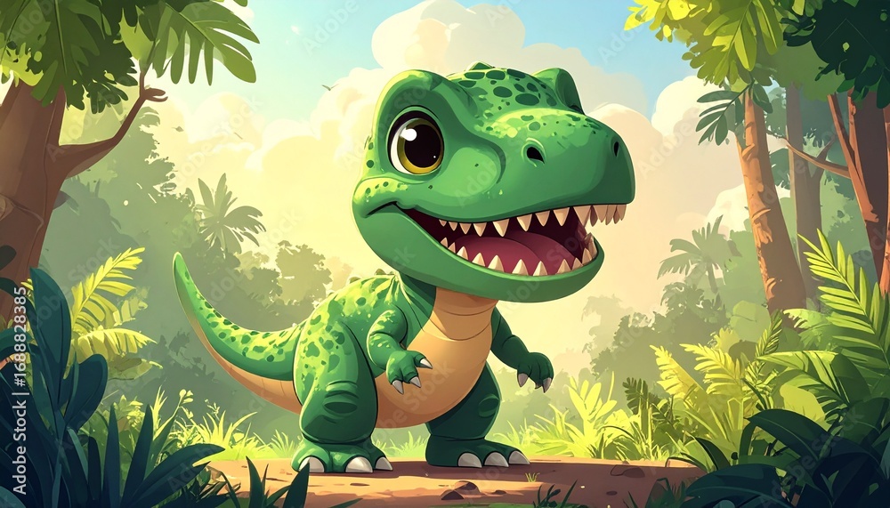 Naklejka premium A cute, green cartoon dinosaur stands in a lush, green jungle setting, looking forward.