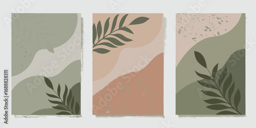 Abstract organic shapes and botanical leaf illustrations in muted earthy tones