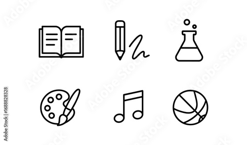 Minimalist education and hobbies icons: art, music, science, reading, and sports