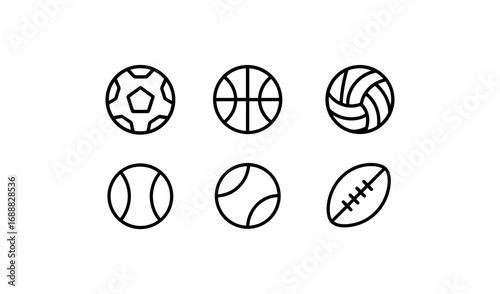 Minimalist outline icons of popular sports balls in linear style
