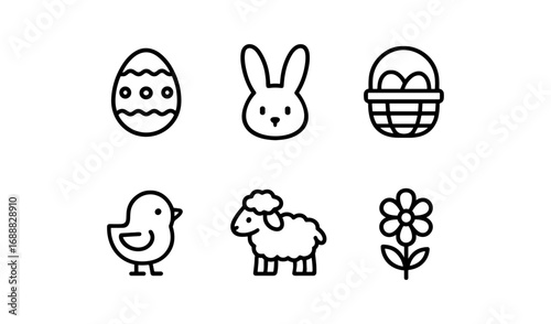 Minimalist easter icons set with bunny, egg, and spring elements