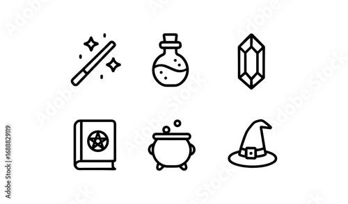Magic icons collection: wand, potion, crystal, book, cauldron, hat in linear style
