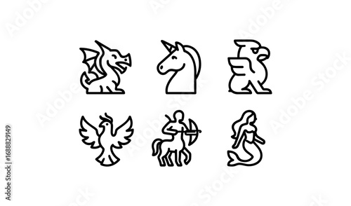 Mythical creatures icons set in linear style