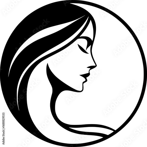 Minimalist black and white vector icon of a woman’s side face in simple art style, clean lines, modern, scalable, perfect for logos or stickers.