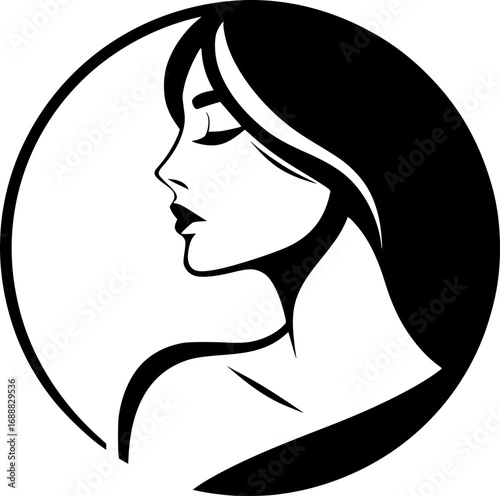 Minimalist black and white vector icon of a woman’s side face in simple art style, clean lines, modern, scalable, perfect for logos or stickers.
