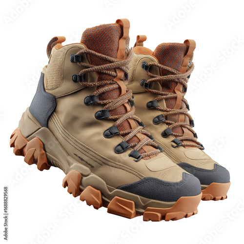 Rugged hiking boots with heavy tread for outdoor adventure gear on transparent background.