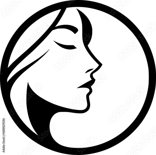 Minimalist black and white vector icon of a woman’s side face in simple art style, clean lines, modern, scalable, perfect for logos or stickers.