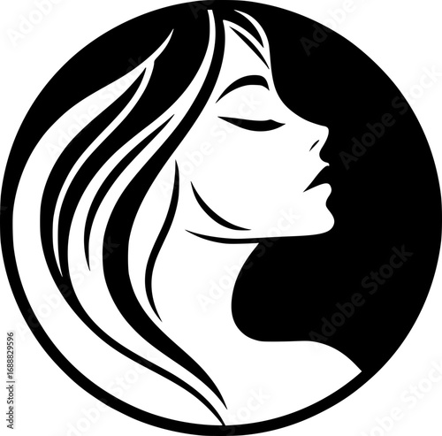 Minimalist black and white vector icon of a woman’s side face in simple art style, clean lines, modern, scalable, perfect for logos or stickers.