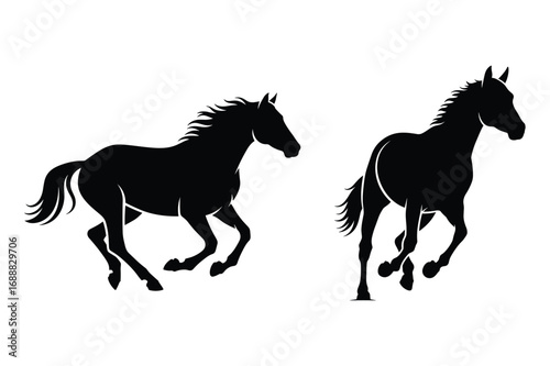 Two black horse silhouettes running on a white background vector