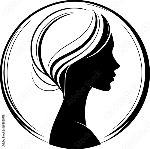 Minimalist black and white vector icon of a woman’s side face in simple art style, clean lines, modern, scalable, perfect for logos or stickers.