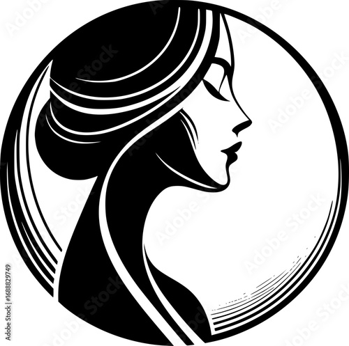 Minimalist black and white vector icon of a woman’s side face in simple art style, clean lines, modern, scalable, perfect for logos or stickers.
