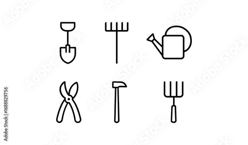 Minimalist outline icons of gardening tools set for home and garden enthusiasts
