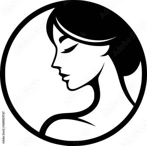 Minimalist black and white vector icon of a woman’s side face in simple art style, clean lines, modern, scalable, perfect for logos or stickers.
