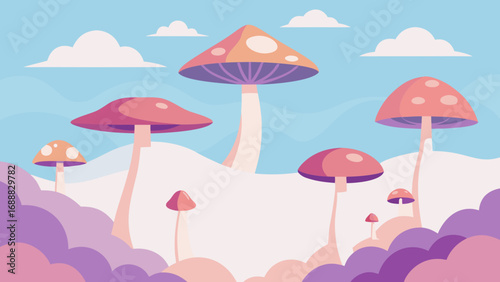 Whimsical scene of oversized mushrooms in a pastel cloud landscape under a bright blue sky