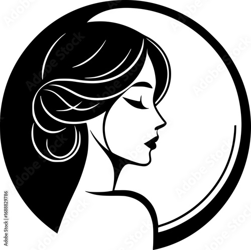 Minimalist black and white vector icon of a woman’s side face in simple art style, clean lines, modern, scalable, perfect for logos or stickers.