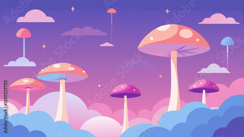 Fantasy landscape with giant colorful mushrooms growing among clouds in a dreamy purple sky