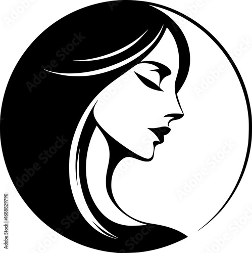 Minimalist black and white vector icon of a woman’s side face in simple art style, clean lines, modern, scalable, perfect for logos or stickers.