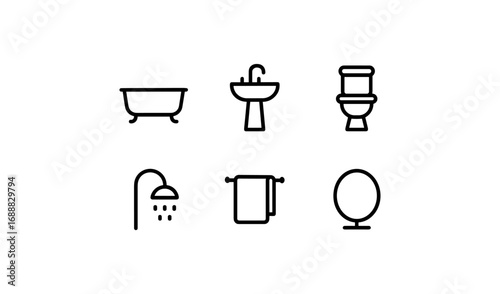 Minimalist bathroom icons: bathtub, sink, toilet, shower, towel, mirror in linear style