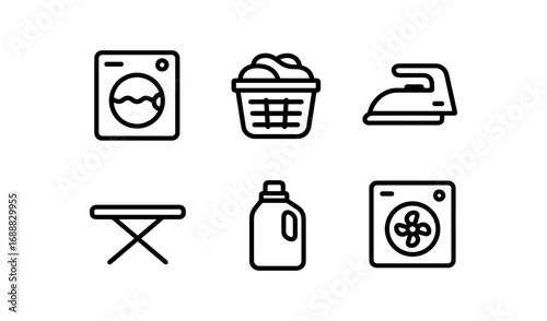 Laundry essentials icons: minimalist set of washing machine, iron, detergent, basket, board
