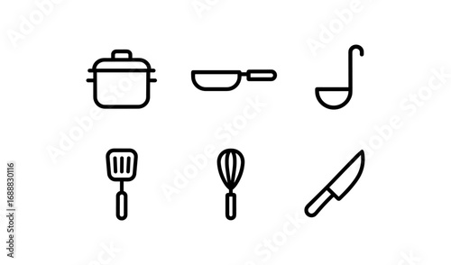 Minimalist linear kitchen utensils set with pot, pan, ladle, spatula, whisk, knife