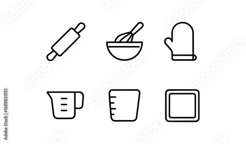 Essential baking tools icons in simple linear style for kitchen enthusiasts