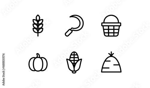 Minimal linear harvest icons: wheat, sickle, basket, pumpkin, corn, haystack