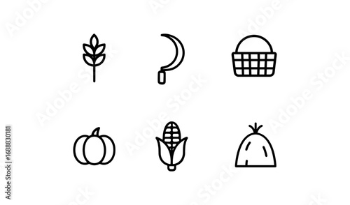 Minimal harvest themed icons featuring wheat, sickle, basket, pumpkin, corn, and hay in linear style