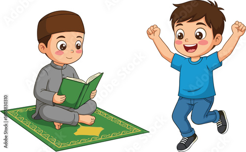 Cartoon Muslim boy reading Quran on prayer mat while happy child jumps with excitement, Islamic education and joyful emotion vector