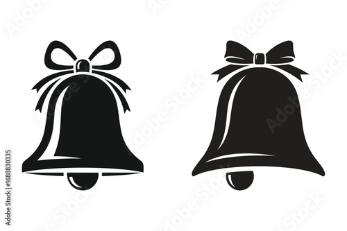 Two black silhouette Christmas bells with bows on white background ribbon holiday