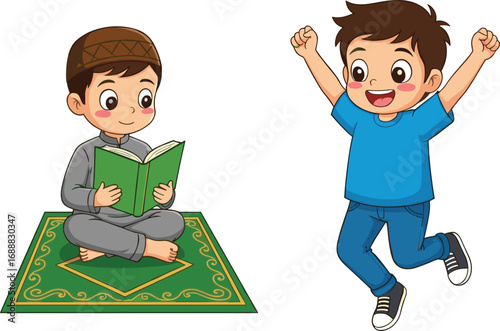 Cartoon Muslim boy reading Quran on prayer mat and happy child celebrating success, Islamic education and joyful expression concept illustration