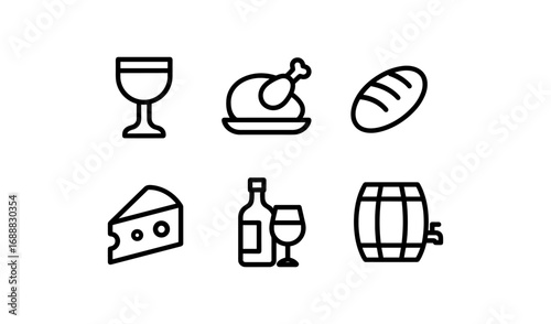 Minimalist food and drink icons: wine, chicken, bread, cheese, bottle, barrel
