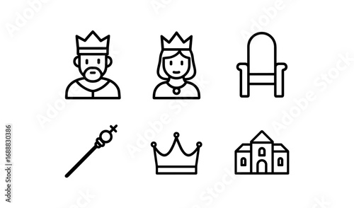 Line art icons of royalty featuring king, queen, throne, scepter, and crown with castle