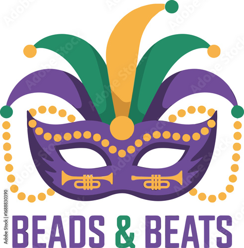 Mardi gras mask with beads and trumpets isolated on transparent background